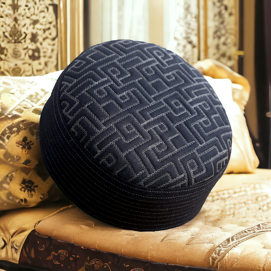 Authentic Jadeed Koofi Navy Blue showing the patterned crown and structured lower edge discussed in the dust and lint care guide