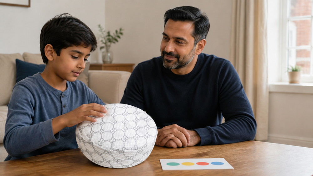 Sensory-sensitive child exploring an Al-Banuri Gucci Koofi White while his father waits supportively