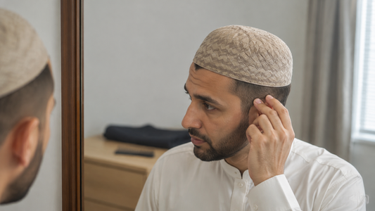 Original editorial illustration of Tabrez Koofi Beige being checked in a mirror after a haircut