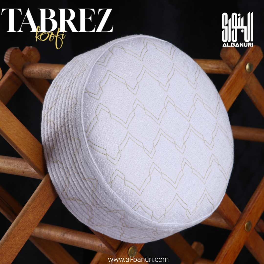 Authentic Tabrez Koofi White with rounded embroidered crown and patterned lower band for a responsible Kufi donation guide