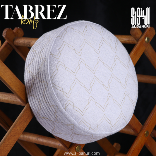 Authentic Tabrez Koofi White with rounded embroidered crown and patterned lower band for a responsible Kufi donation guide