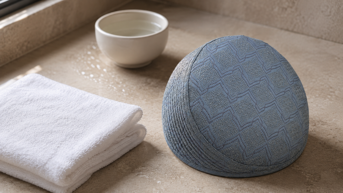 Original editorial illustration of Tabrez Koofi SeaGreen beside a clean towel and water bowl for a post-wudu drying check