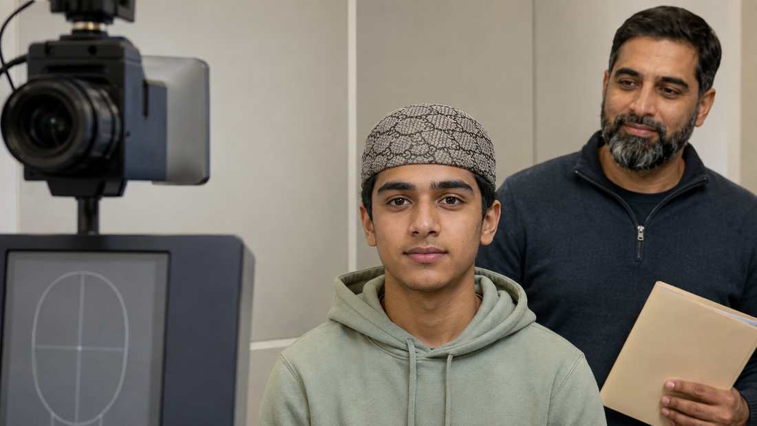 Teen wearing an Al-Banuri Kufi for an Ontario driver's licence photo while his father supports from beside the camera