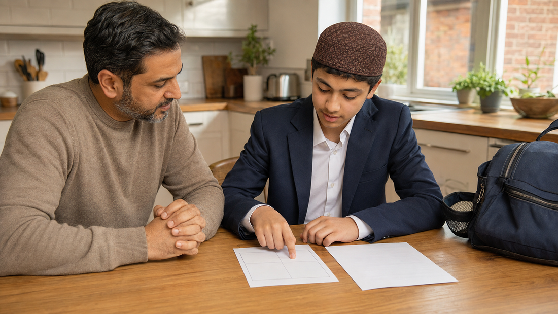 Teen wearing Al-Banuri Dihya Koofi Brown while leading a school-uniform policy conversation with his father at home