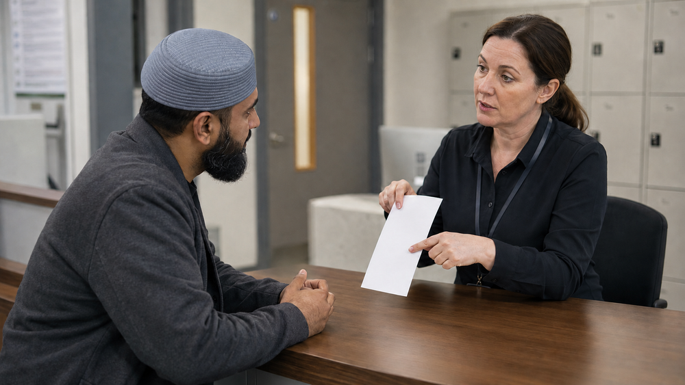 Visitor wearing an Al-Banuri Dinaar Koofi Ash Grey checks religious-headwear rules with a prison visitor-centre adviser