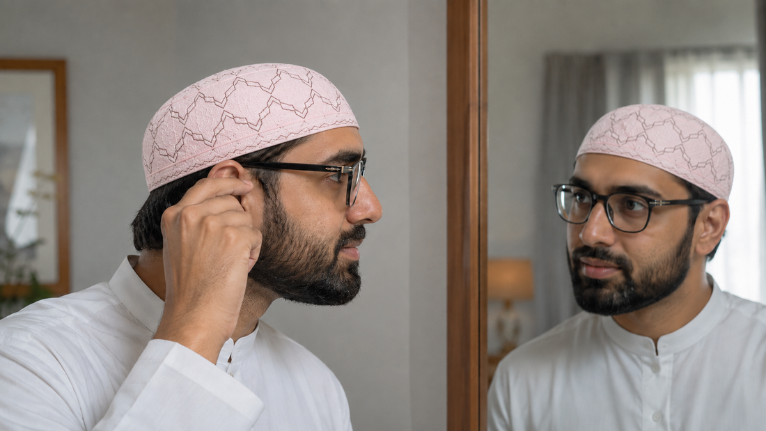 Man checking eyeglass temple clearance beneath an exact Tabrez Koofi Mate in a mirror