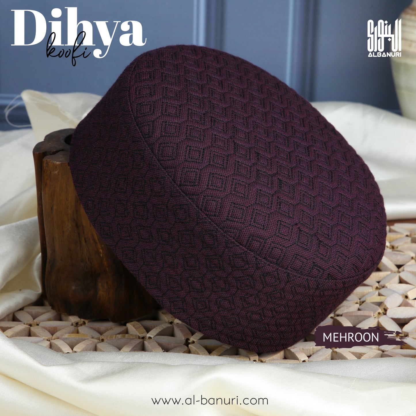 Dihya Koofi Mehroon - Premium Suiting Fabric Kufi Hat by Al-Banuri | Maroon Namaz Topi | دہیہ کوفی میرون | كوفية ضحية عنابي