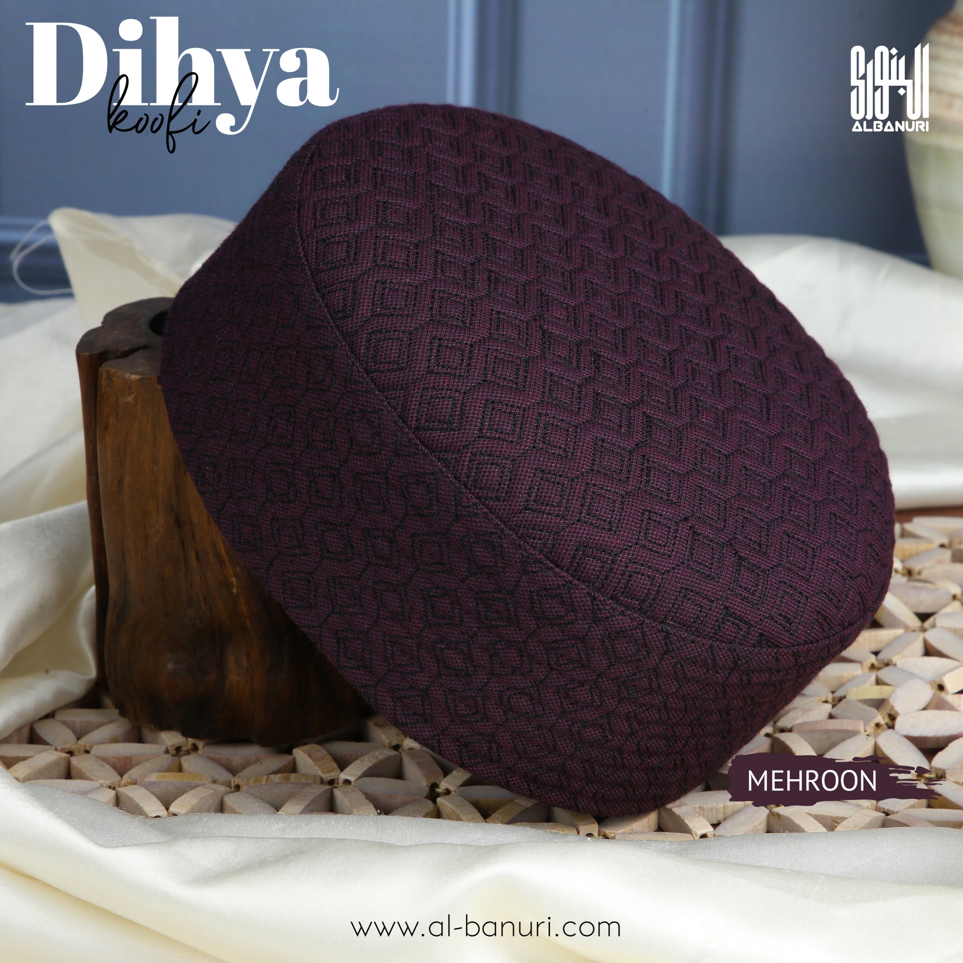 Dihya Koofi Mehroon - Premium Suiting Fabric Kufi Hat by Al-Banuri | Maroon Namaz Topi | دہیہ کوفی میرون | كوفية ضحية عنابي