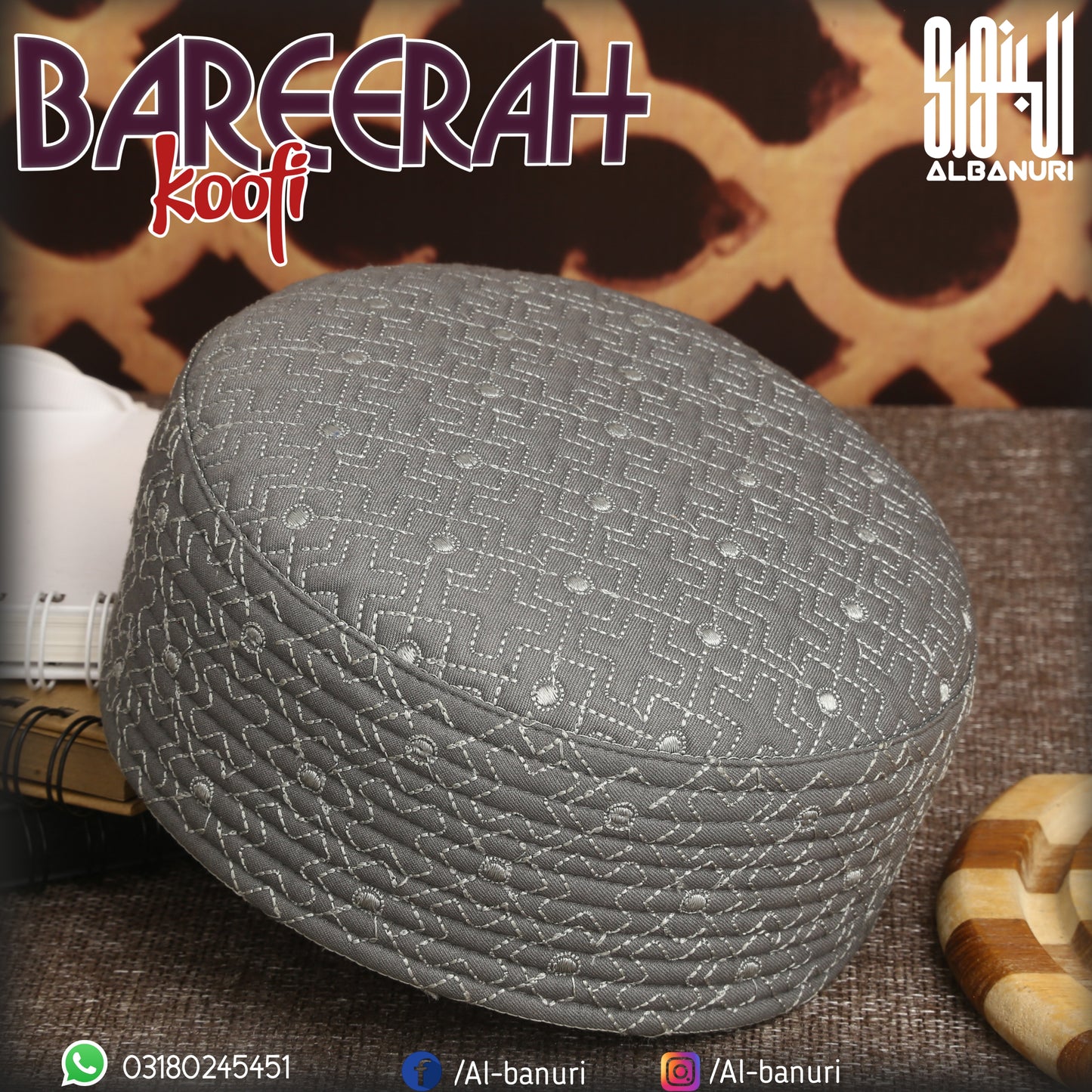 Bareerah Koofi Grey - Premium Embroidered Islamic Prayer Cap by Al-Banuri | Grey Namaz Topi | بریرہ کوفی گرے | كوفية بريرة رمادي