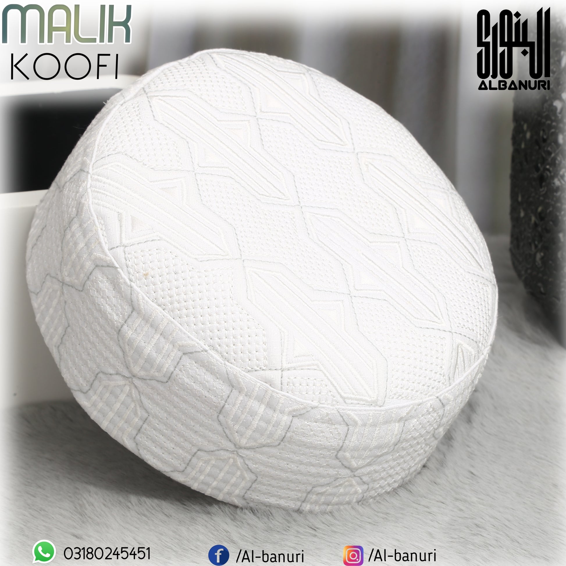 Malik Koofi White - Royal Embroidered Islamic Prayer Cap by Al-Banuri | White Namaz Topi | ملک کوفی سفید | كوفية ملك أبيض