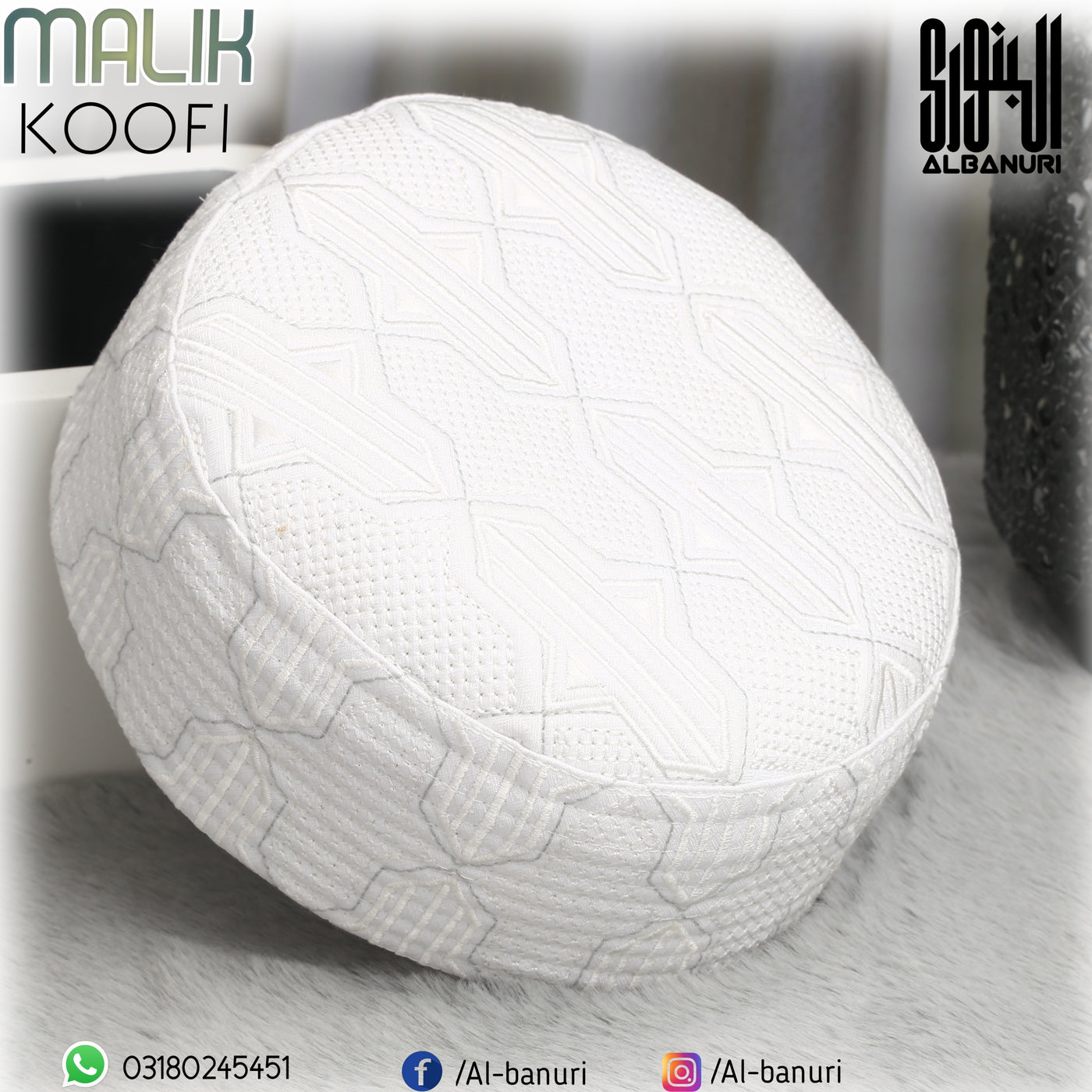 Malik Koofi White | Royal Kufi Cap | Al-Banuri